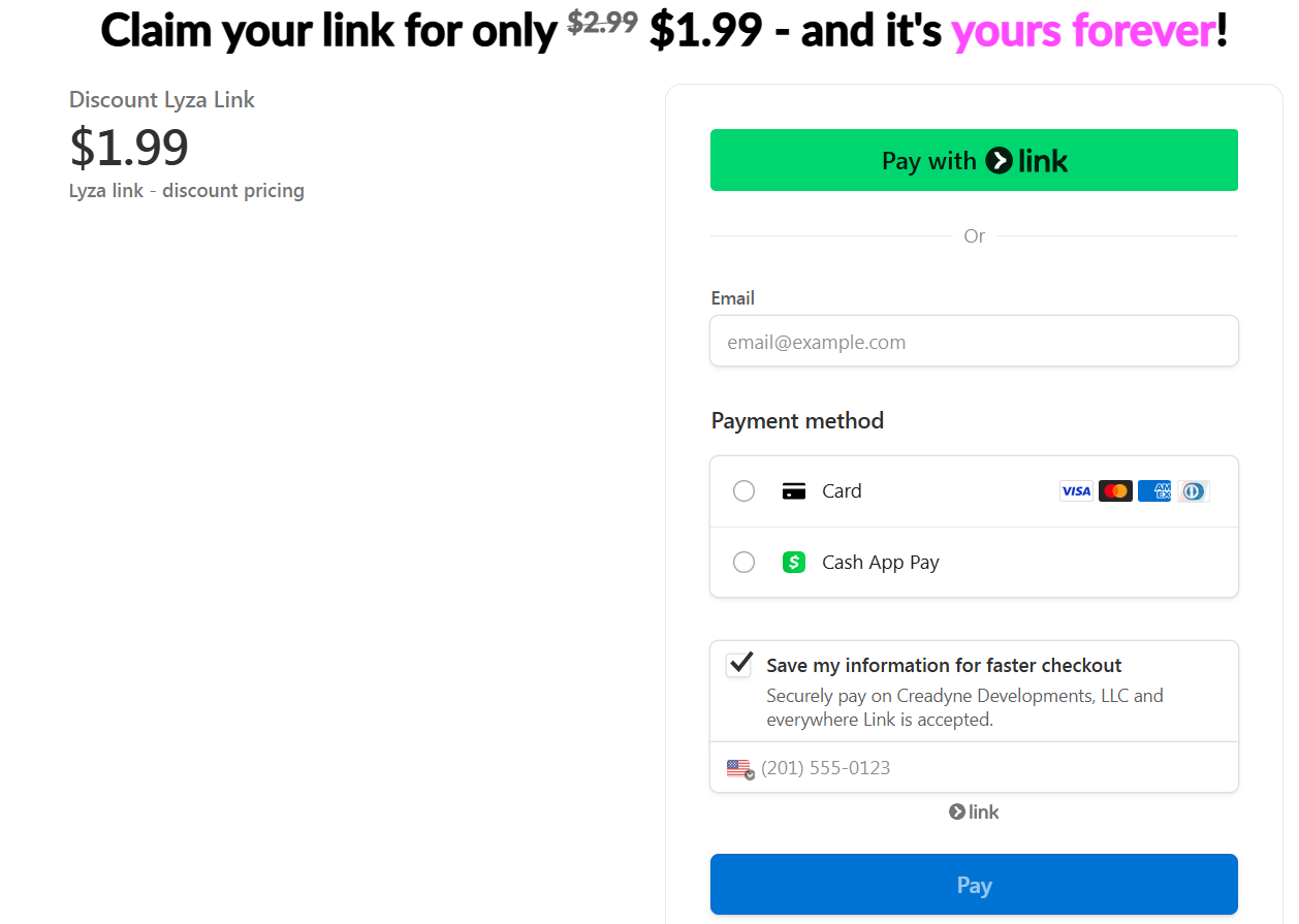 Lyza and Stripe Link Payment Screen
